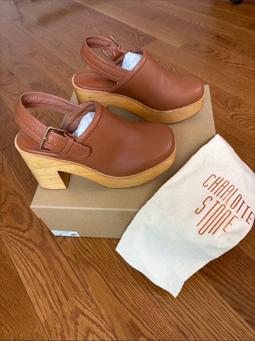 Charlotte Stone Tan / Light Brown Leather Slingback Platform Clogs “Bonnie”
